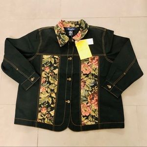 Denim & Co. Black Jean Jacket Tapestry Insert NWT Boxy